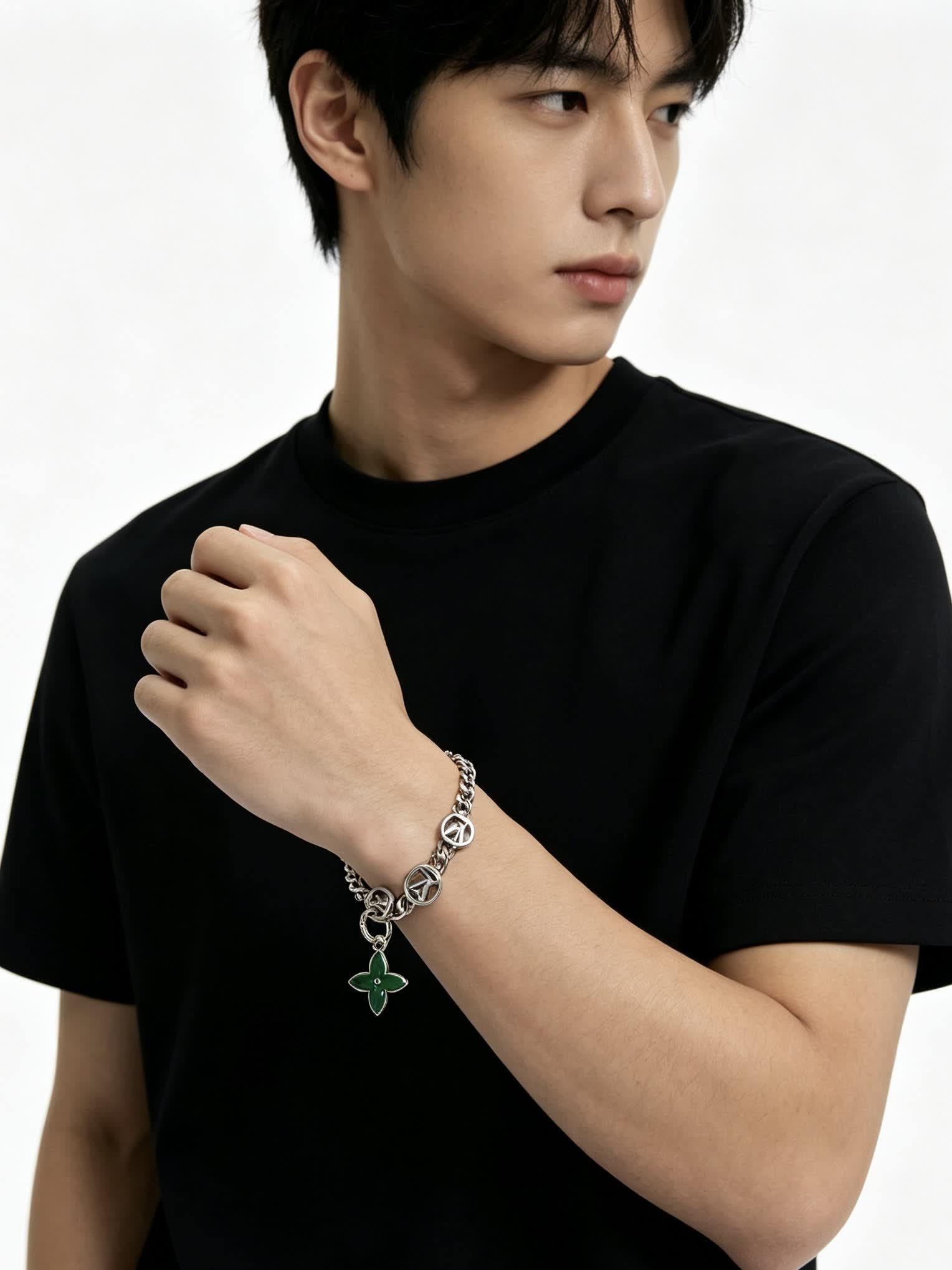 Louis Vuitton Silver Bracelet with Green Enamel Flower